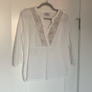 Hot Cotton Brand White Linen Tunic Top with beige Embroidered detail Size Smsll